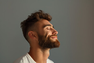 Obraz premium A close up of a man with beard and closed eyes looking to a side