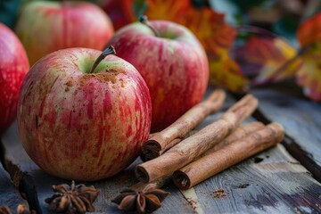 Fresh apples paired with cinnamon sticks and autumn leaves, capturing the essence of fall