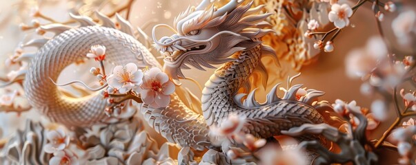 Obraz premium An intricate 3D rendering of a Chinese dragon entwined with blooming cherry blossoms, symbolizing renewal and power, against a soft golden hue
