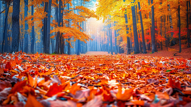 Scenic autumn forest with fallen leaves covering the ground and trees displaying vibrant colors