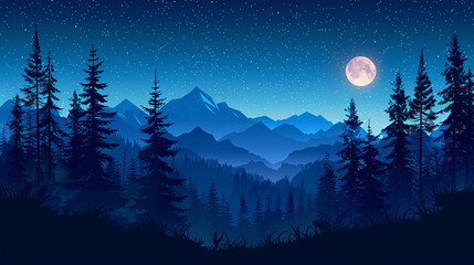 Scenic forest in Europe under a starry night sky with silhouettes of trees and mountains