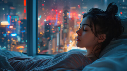 Beautiful Latina Women laying bed getting ready to fall asleep, It's night outside the window, futuristic city