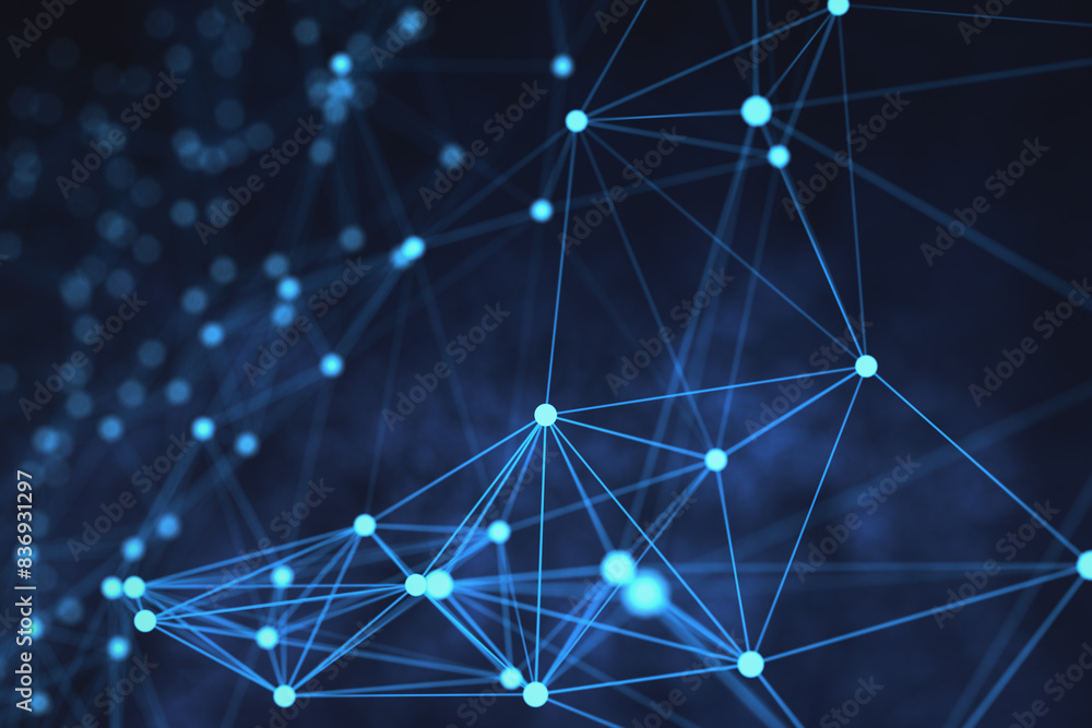 Leinwandbilder Abstract network of connections with dots and lines on a dark blue background, symbolizing technology and data networking. 3D Rendering