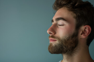 Fototapeta premium A close up of a man with beard and closed eyes looking to a side
