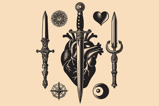 daggers and the heart. Mystical sacrifice symbols. Isoteric, occult, magical vector illustration. vintage black engraving, emblem, logo. tattoo sketch, print