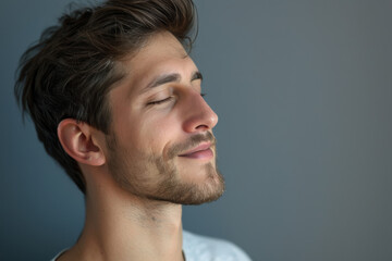 Fototapeta premium A close up of a man with beard and closed eyes looking to a side