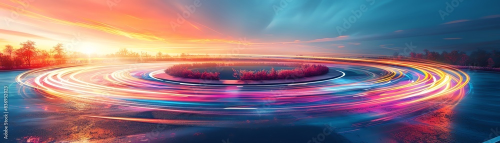 Aufkleber dynamic light trails creating a mesmerizing circular pattern against a vibrant sunset sky, evoking m