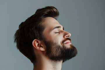 Fototapeta premium A close up of a man with beard and closed eyes looking to a side