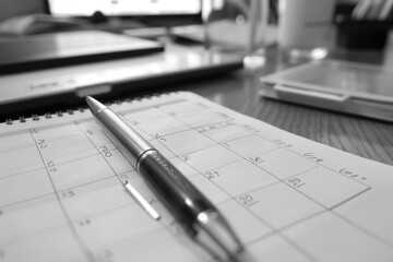 Closeup of a pen on a desk with an open calendar, in a monochrome office setting