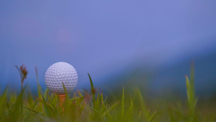 olf ball on tee in beautiful golf course with sunset. Golf ball close up in golf coures.