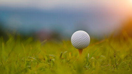 olf ball on tee in beautiful golf course with sunset. Golf ball close up in golf coures.