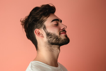 Obraz premium A close up of a man with beard and closed eyes looking to a side