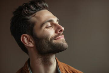 Fototapeta premium A close up of a man with beard and closed eyes looking to a side