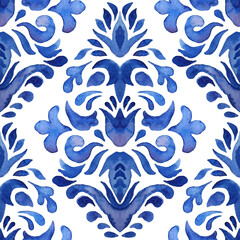 Watercolor blue damask hand drawn floral design. Seamless mediterranean pattern, tiling ornament. Persian abstract flower background.