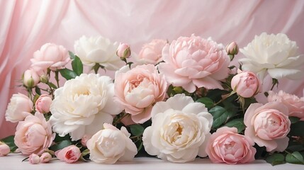 Beautiful floral design of gentle pink roses and white peony in delicate pastel colors. Floral frame for congratulations.