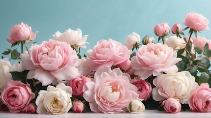 Beautiful floral design of gentle pink roses and white peony in delicate pastel colors. Floral frame for congratulations.