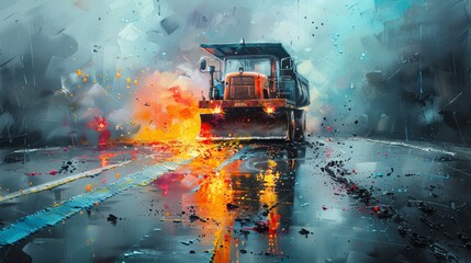Vivid illustration of road construction machinery at work on a wet street amidst splashes of vibrant colors.