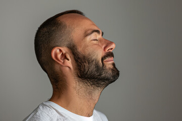 Fototapeta premium A close up of a man with beard and closed eyes looking to a side