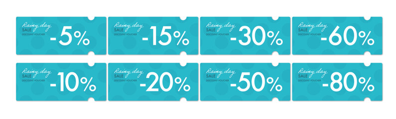 雨の日のセールに使える青い水玉模様のクーポンベクターアイコンセット2（割引率別）