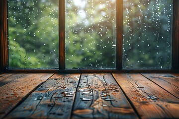 A close shot of an empty wooden surface with blurry nature view and rain in background with a big space for text or product advertisement purpose, Generative AI. - Powered by Adobe