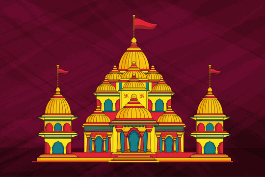Traditional Hindu Temple with red flag isolated. North Indian style Hindu temple