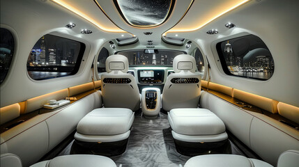 The interior of a business car, with a large TV screen and a bar as a partition in the back, featuring a novel design, white leather seats, gray carpet, futurism. Generative AI.