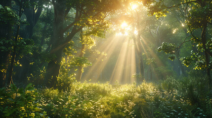 Summer evening in a European forest with light filtering through the leaves