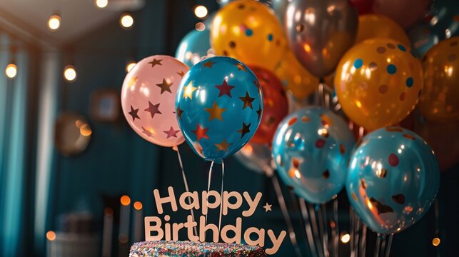  happy birthday  text  illustration with balloons