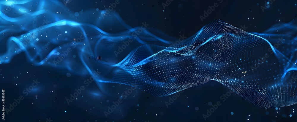 Poster abstract technology background with blue digital data lines and connection dots on a dark blue banne