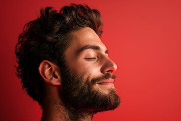 Fototapeta premium A close up of a man with beard and closed eyes looking to a side