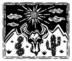 Ox skull, cactus, sun and clouds. Brazilian northeast cordel illustration. Woodcut style. Desert landscape