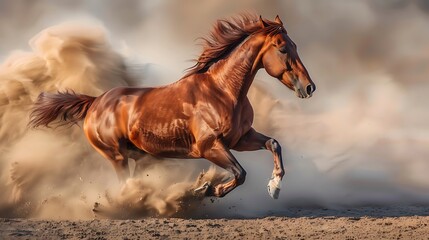 Obraz premium A horse kicking up dust as it accelerates from a standing start, muscles tensed with power