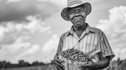 A black and white portrait of a farmer holding a basket generated by AI