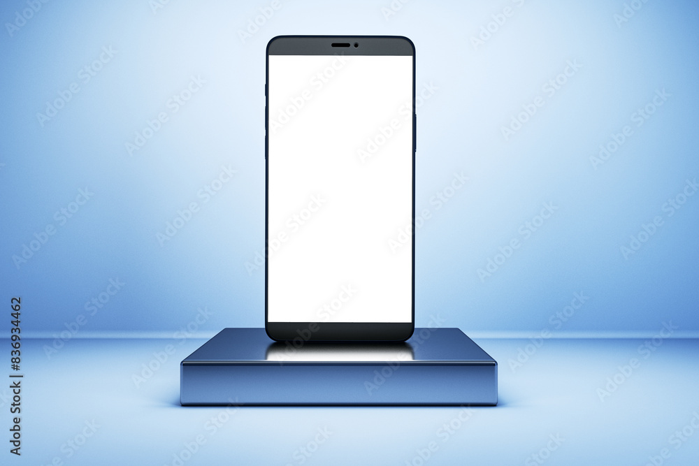 Poster a smartphone with a blank screen displayed on a pedestal, modern graphic style, over a blue backgrou