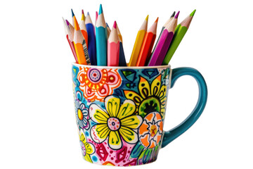 Fototapeta premium Colorful Mug With Flowers And Coloured Pencils Inside Against A Transparent Background, Woman Teacher Mug, Back To School Object