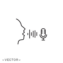 voice command and microphone icon, speak person or radio presenter, speech sound, thin line symbol isolated on white background, editable stroke eps 10 vector illustration