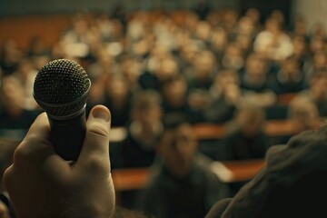 Hand adjusting microphone while speaking in front of blurred audience.