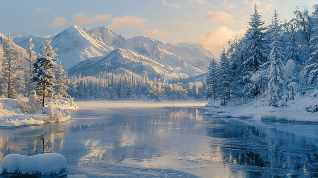 Winter landscape with a frozen lake surrounded by snowy trees and mountains