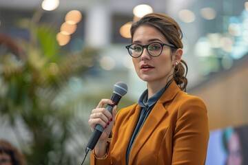 Female entrepreneur presenting new project at conference.