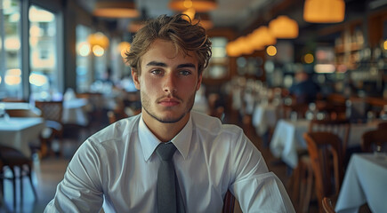 Fototapeta premium A young man dressed in business clothes in a restaurant. Generative AI.
