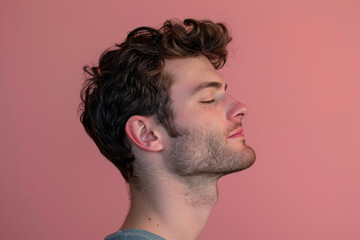 Obraz premium A close up of a man with beard and closed eyes looking to a side