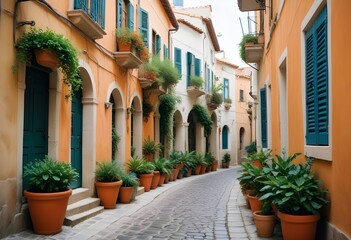 A narrow cobblestone street lined with colorful Mediterranean-style buildings, with potted plants and trees overhanging the walkway, creating a charming and picturesque scene