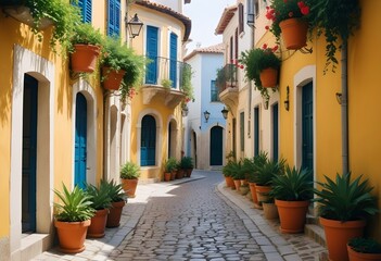 A narrow cobblestone street lined with colorful Mediterranean-style buildings, with potted plants and trees overhanging the walkway, creating a charming and picturesque scene