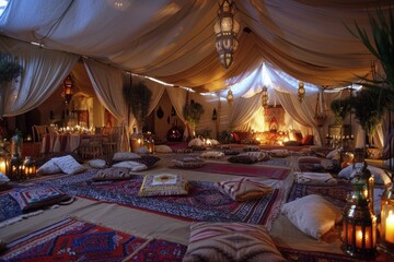 Opulent indoor tent with an array of lanterns, pillows, and rich carpets for a cozy ambiance