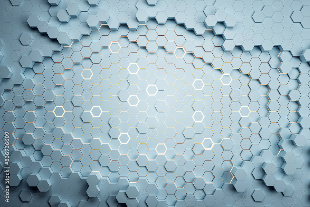 Poster Abstract hexagonal pattern with neon illumination on a blue background, conveying a modern tech concept. 3D Rendering