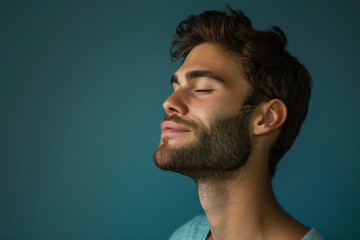 Obraz premium A close up of a man with beard and closed eyes looking to a side