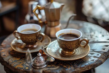 Fototapeta premium Experience the elegance of a traditional coffee time with ornate cups and a metal stovetop maker on a intricate arabesque designed table. Serving aromatic espresso in a cozy and vintage homey setting