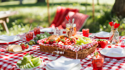 Festive outdoor picnic with fresh vegetables and delicious food