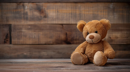 Soft, brown teddy bear sits against a rustic wooden background, evoking a sense of nostalgia and warmth.