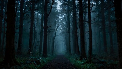 Obraz premium Deep in the dark forest, an eerie glow emanates from the eyes of spectral guardians ai_generated